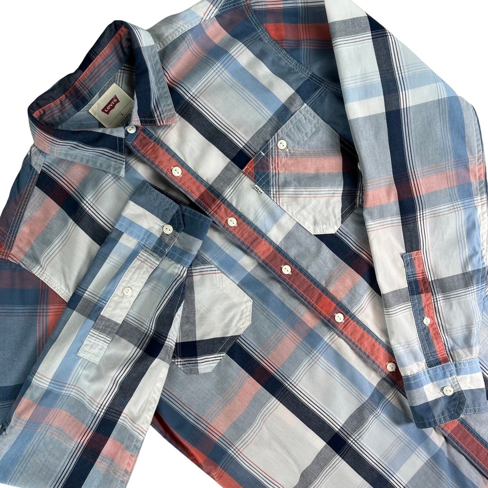 Levi's Plaid Button‎ Down Shirt Men's S Blue Red White Regular Fit Dual Pocket